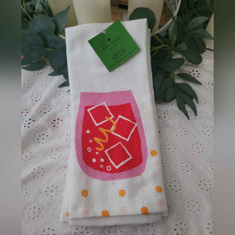 Kate Spade White Towels with Red and Pink Drink Design